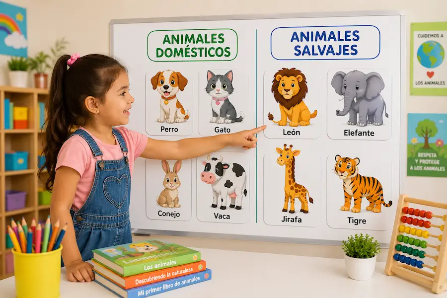 Niña aprendiendo a clasificar animales en preescolar