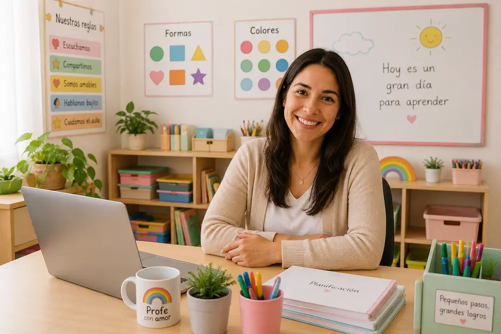 Maestra enseñando actividades de aprendizaje básico para niños