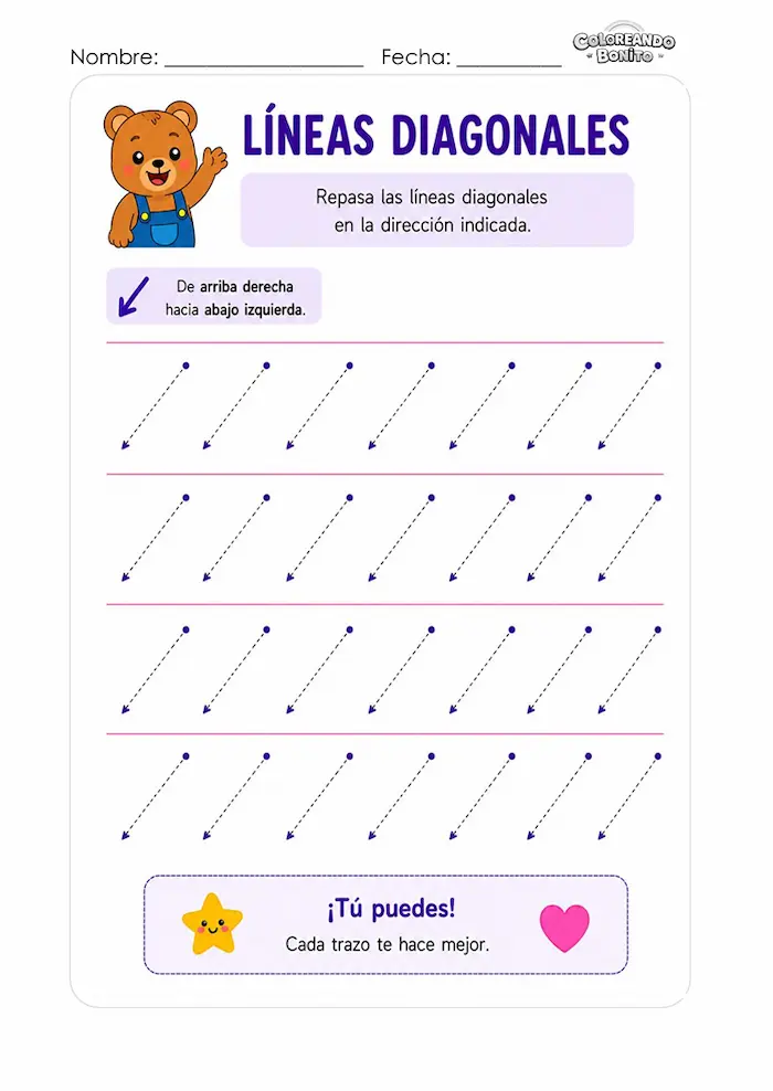 Repasa líneas diagonales derecha izquierda para niños