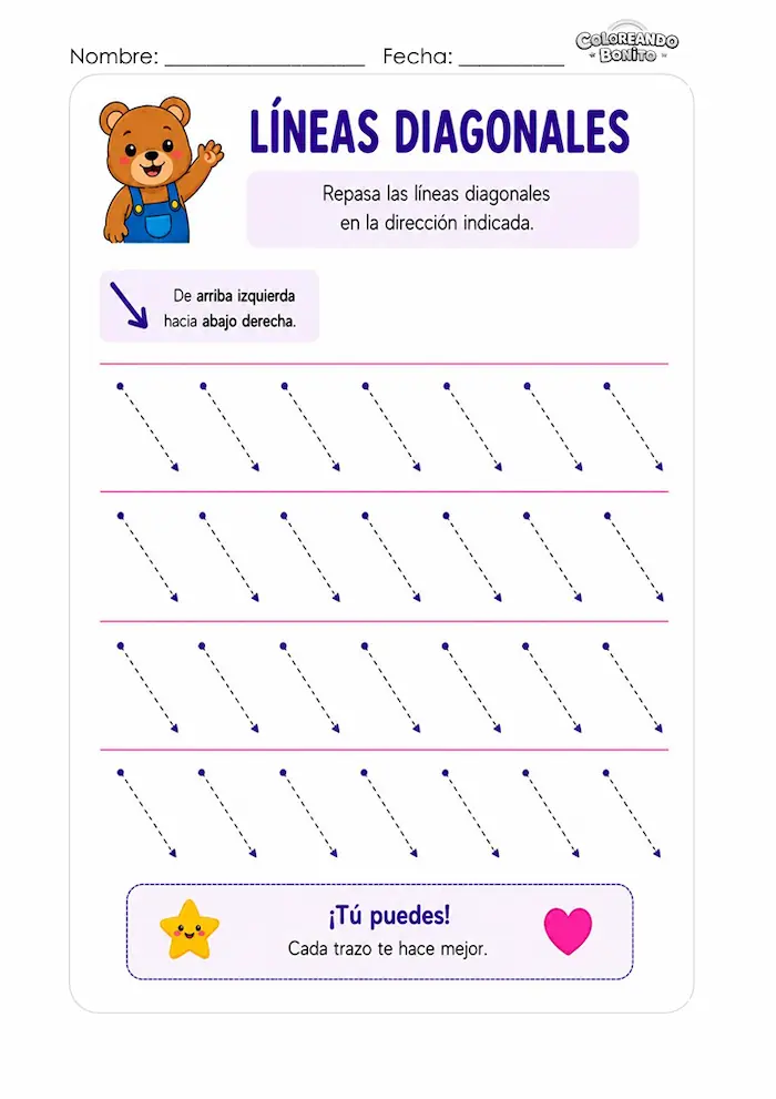 Repasa líneas diagonales izquierda derecha para niños