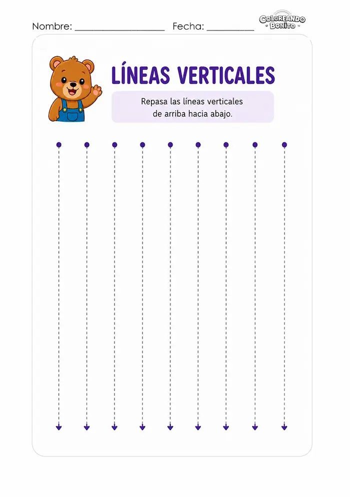 Repasa líneas rectas verticales para niños