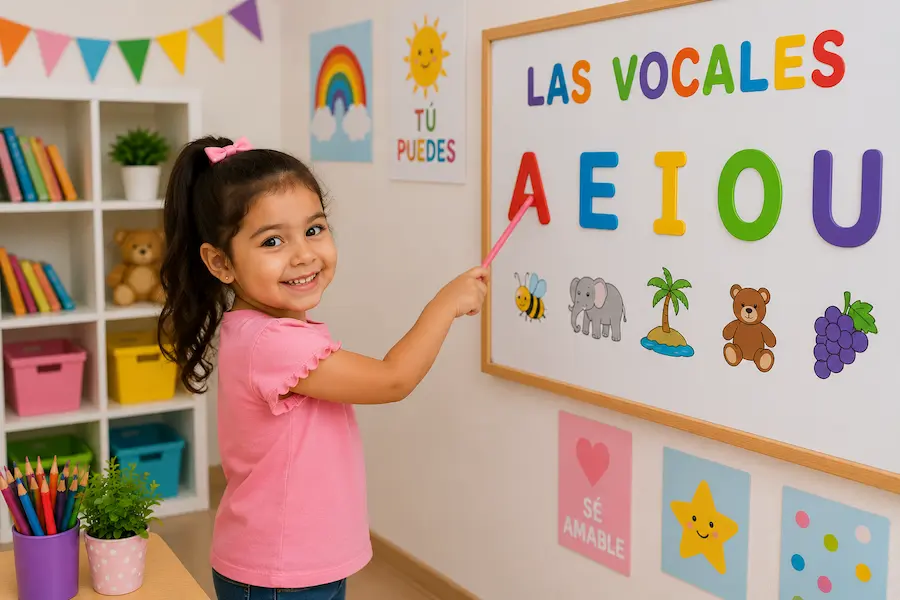 Niña aprendiendo las vocales en preescolar